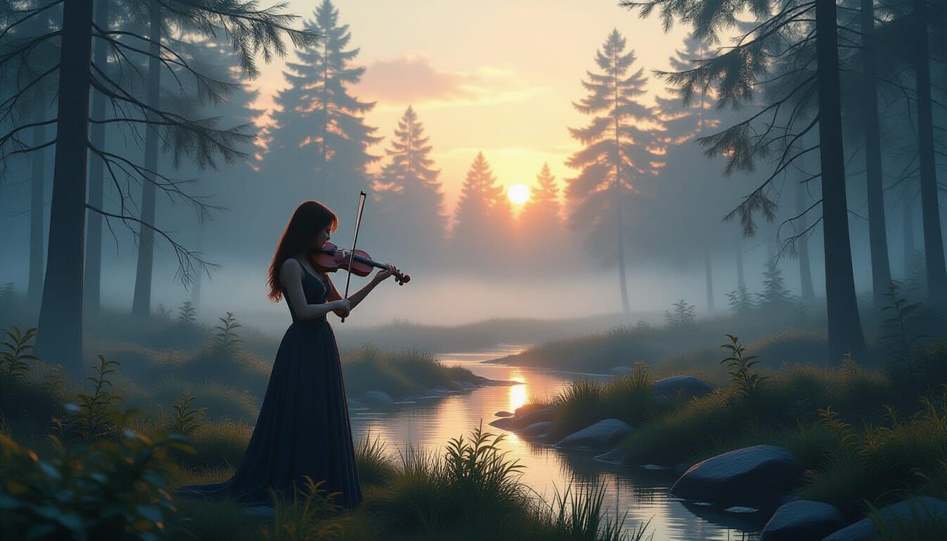 Violinist in Dawn Forest: Atmospheric Digital Art