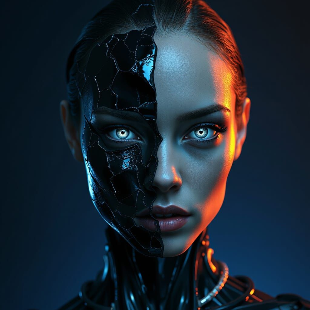 Cybernetic Woman with Metal Face in Dark Scene