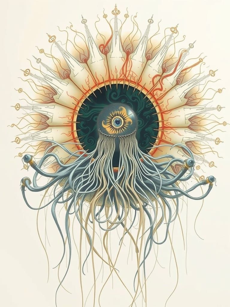 Surreal Eyeball with Tendrils in Dark Gothic Futuristic Scen...