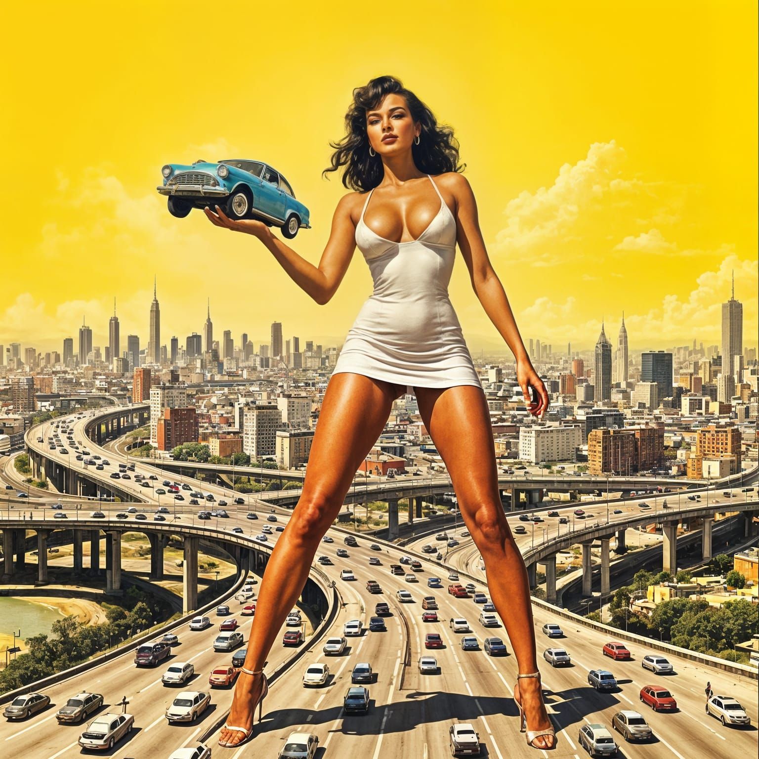 Giant Woman Dominates City: Retro B-Movie Poster
