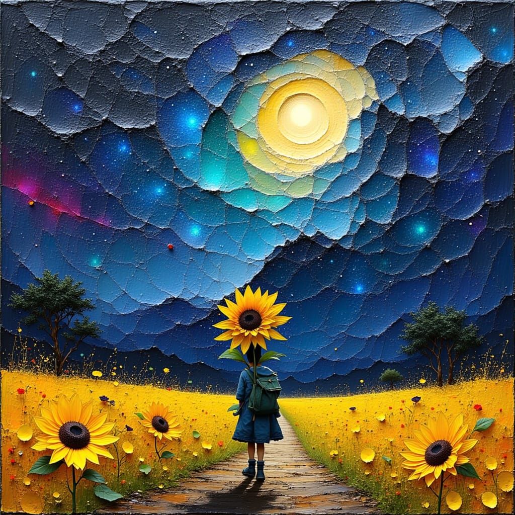 Boy Holding Sunflower in Starry Void