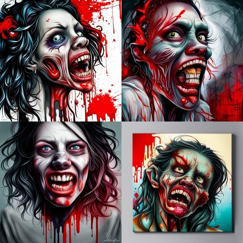 Zombie Girl with Big Teeth and Red Eyes in Graffiti Style