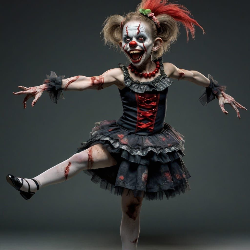 Surreal Clown Girl Dances Amidst Zombie Chaos