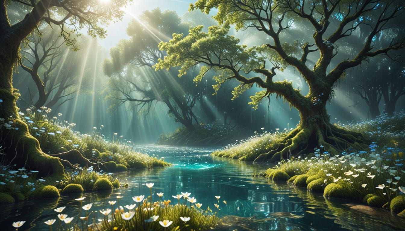 Ethereal Forest Oasis with Heavenly Blooms