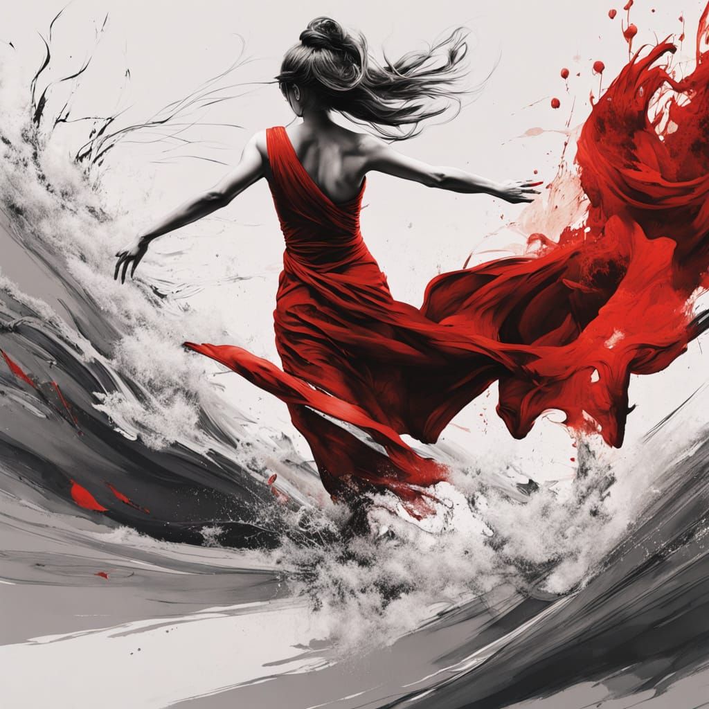 Abstract Woman Running on Frozen Lake with Red Accent