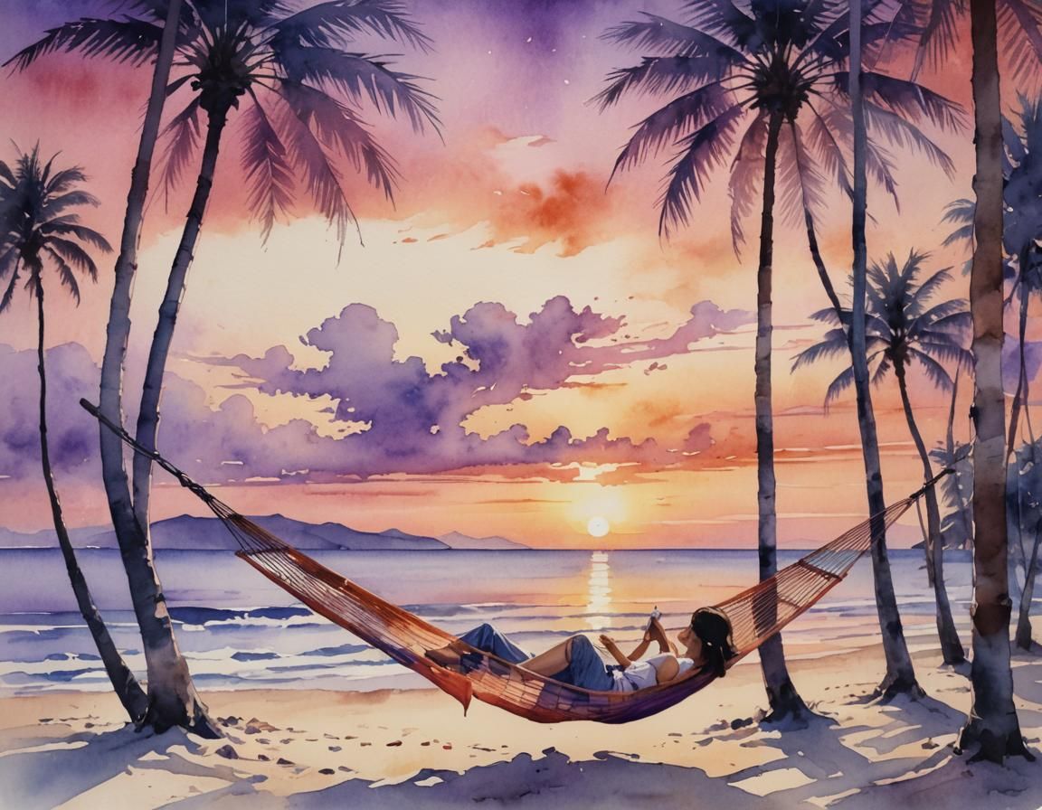 Beach Sunset with Hammock in Watercolor Style