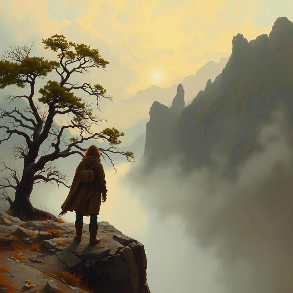 Traveler Overlooking Misty Valley at Dawn in Romantic Style