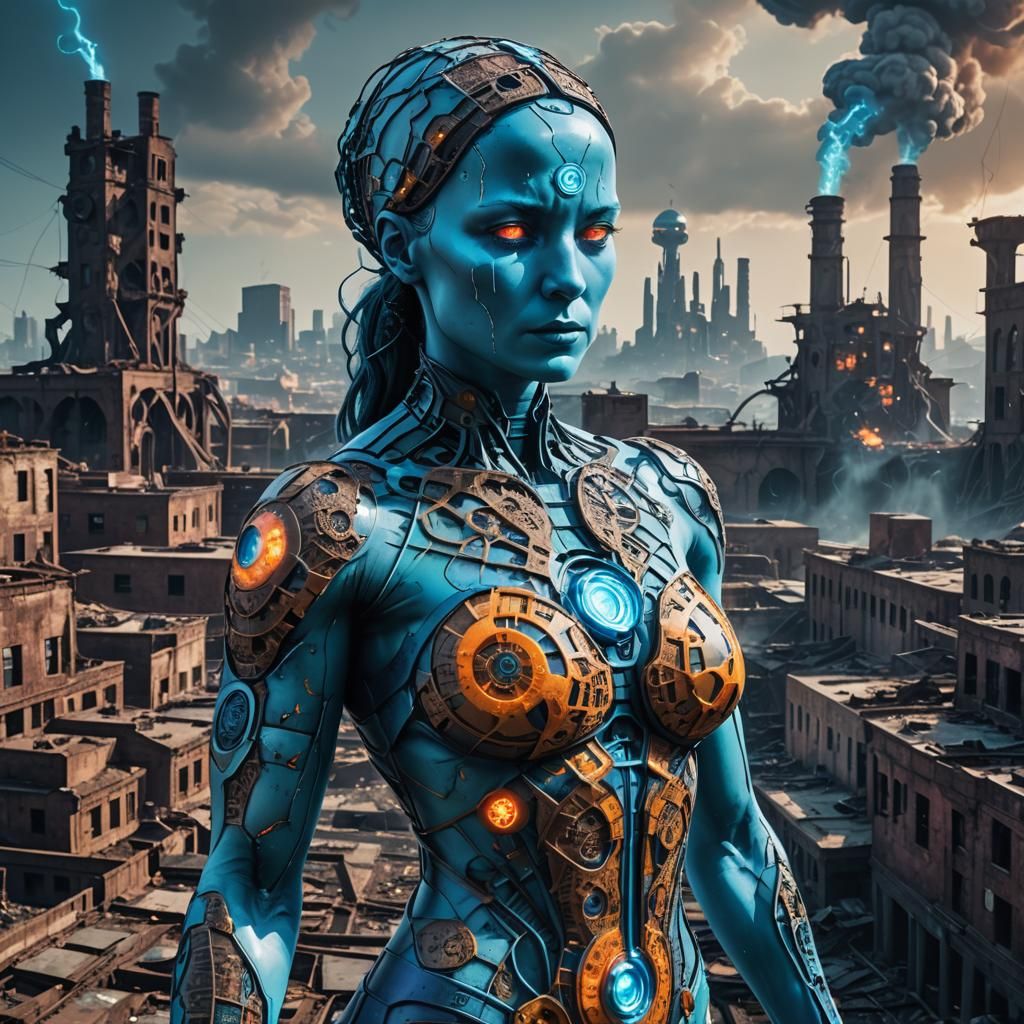 Female Dr. Manhattan in Dystopian Cityscape