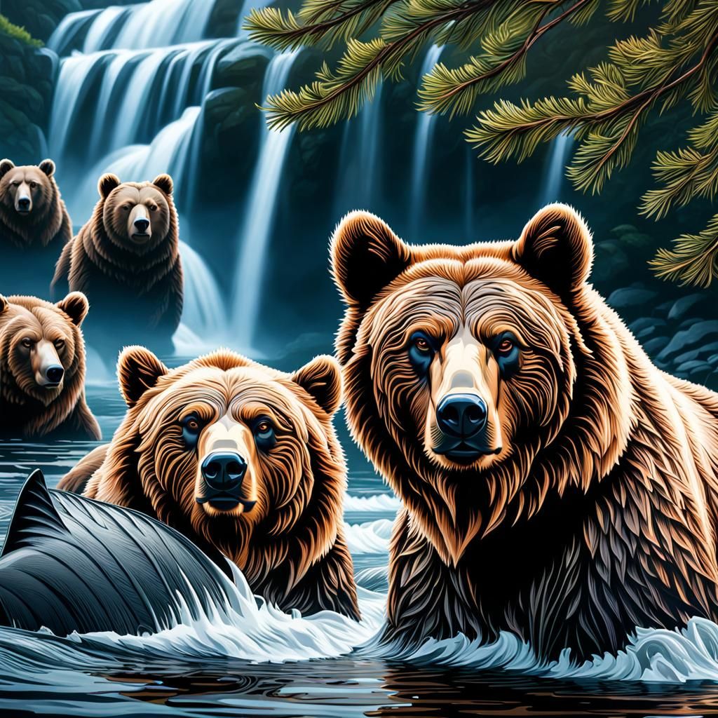 Bears Fishing for Salmon in River, Hyperrealistic