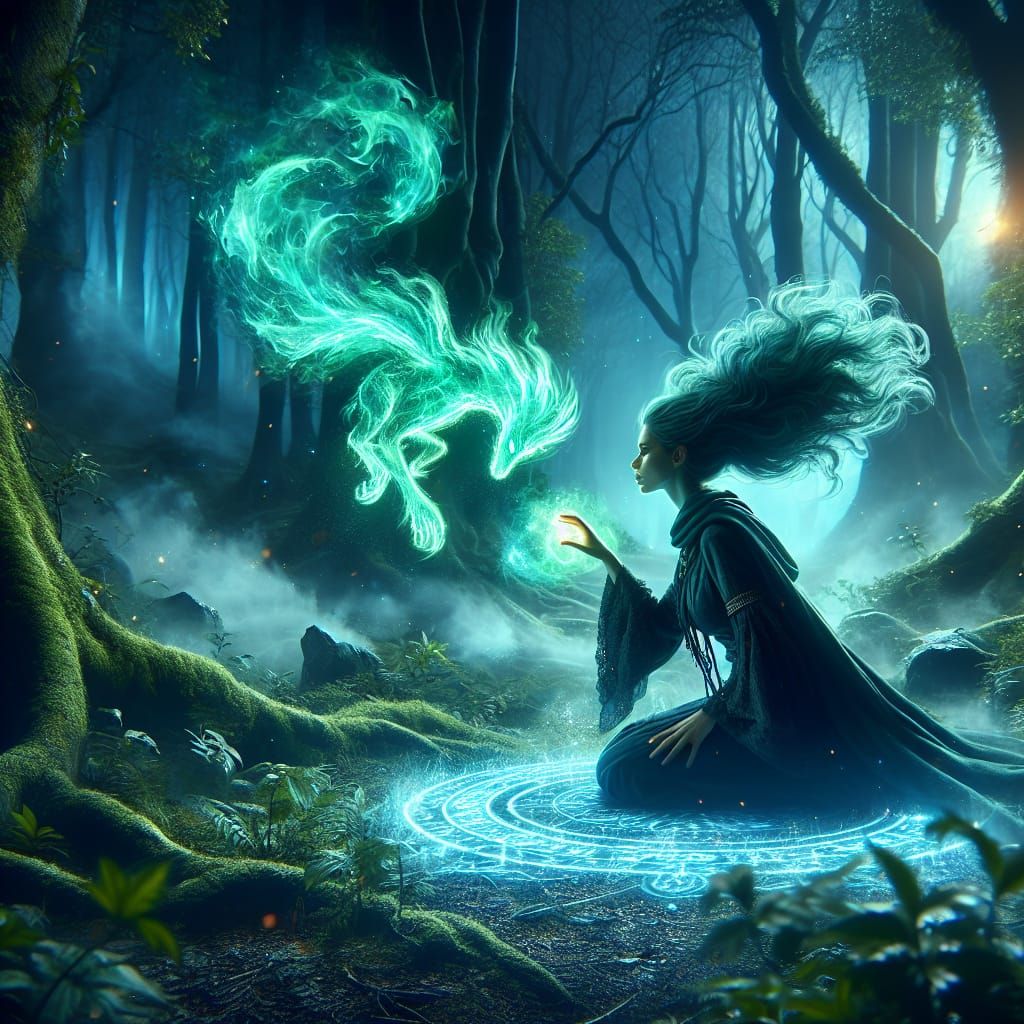 Wizard Summons Spirit Animal in Mystical Forest