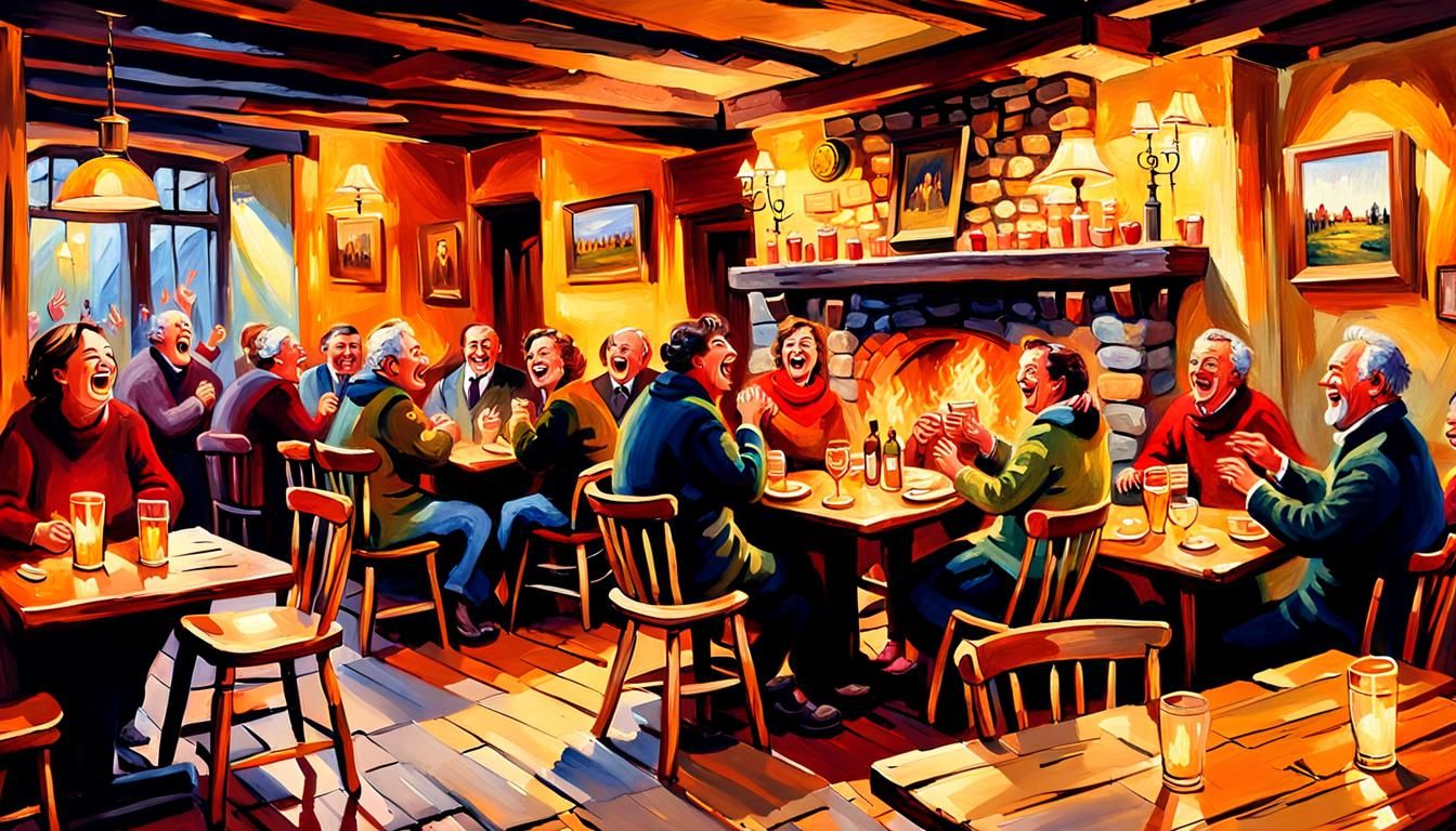 Impressionist Painting of People Celebrating in a Pub