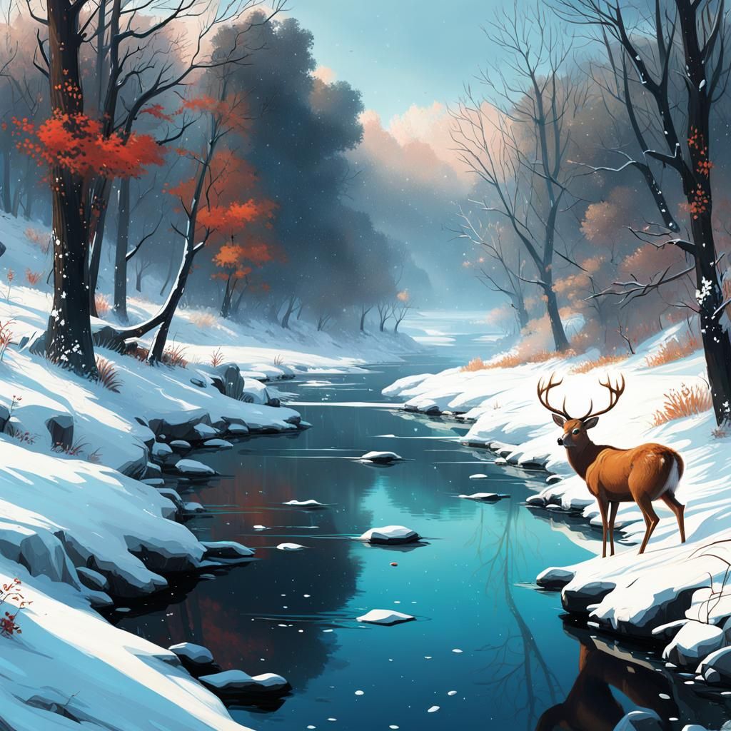 Winter River Landscape with Deer, Digital Art