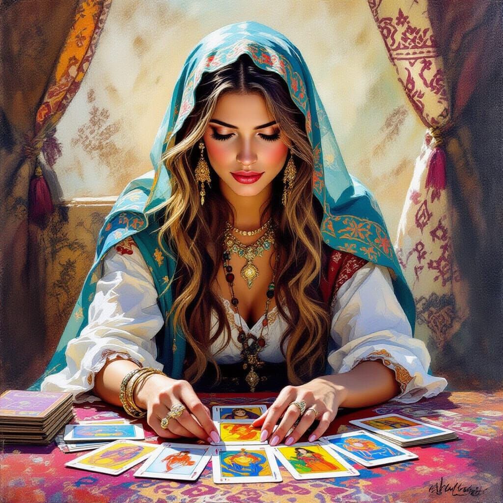 Fantasy Oil Painting of a Gypsy Tarot Reader