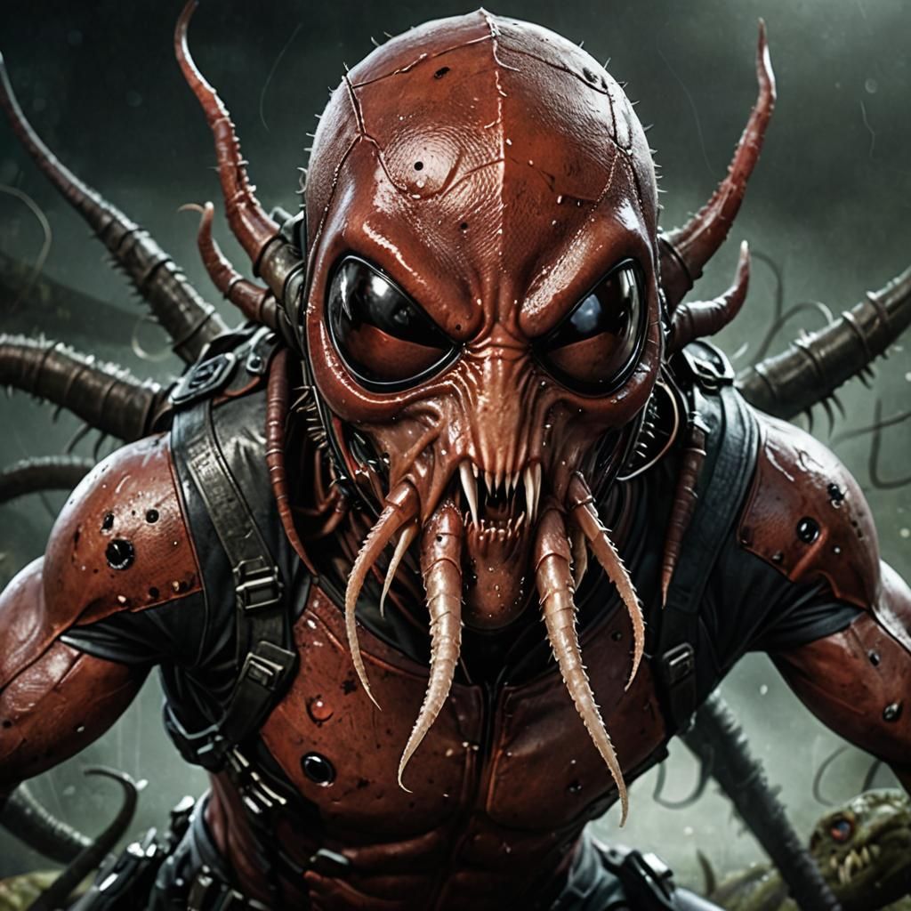 The roach, Is alien-zombie-squid-venom-spider-mutant-deadpool infected_scratches creepy_horror_face, furrowed brows and ...