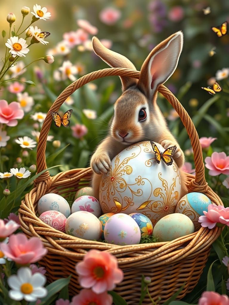 Whimsical Easter Bunny in a Lush Spring Garden with Gold Fil...