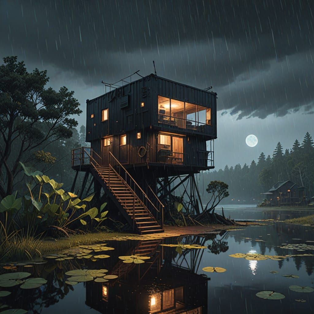 Futuristic Cabin Shines Amidst Dark, Mystical Landscape