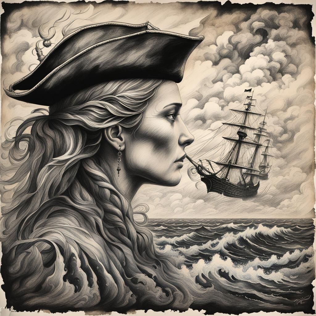 Elegant Pirate Woman Profile on Stormy Map