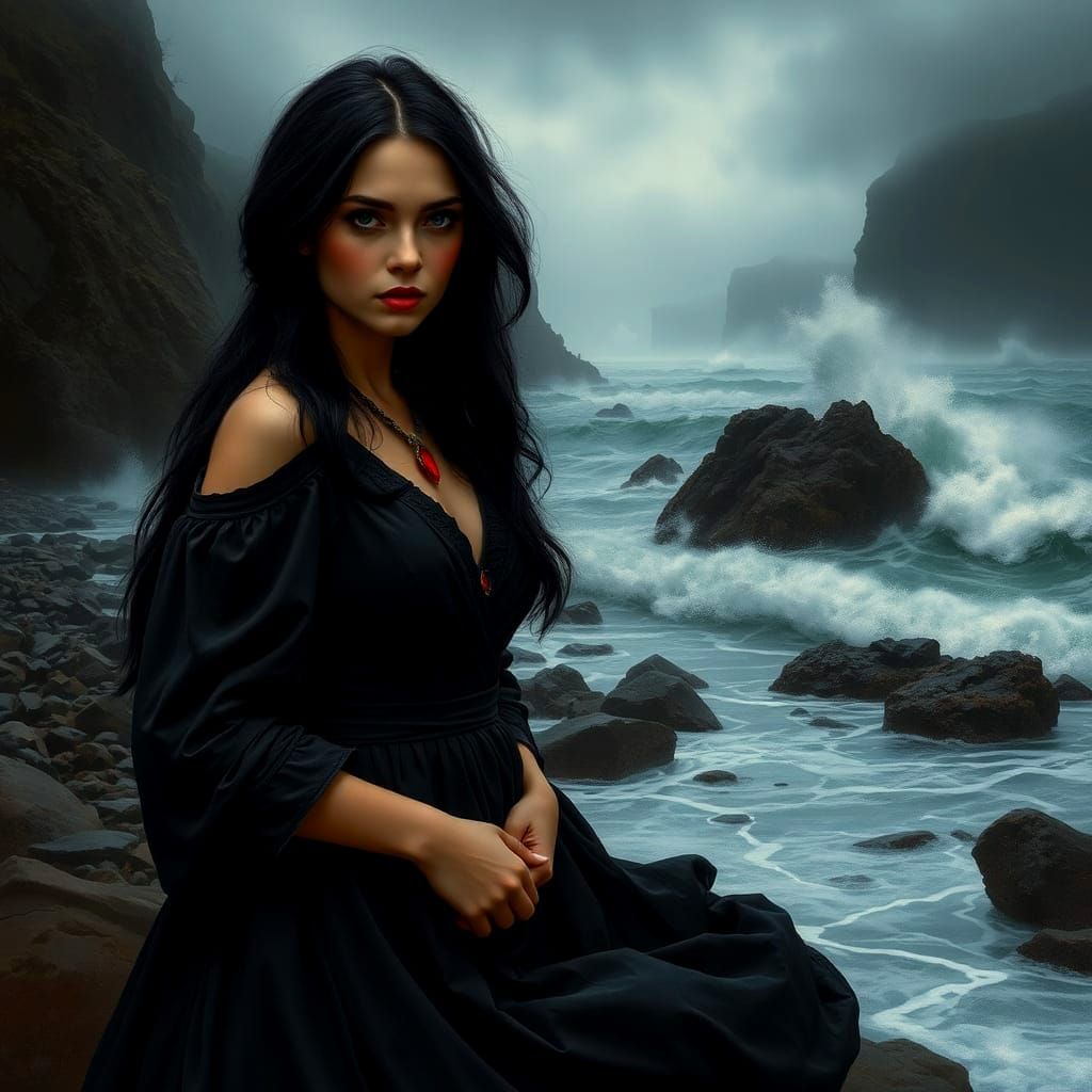 Mysterious Woman Confronts Dark Stormy Waters