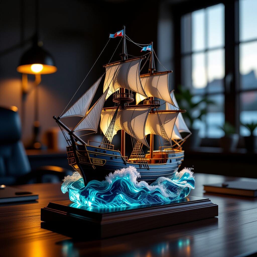 Sea-Glass Clipper Ship Sculpture on Desk