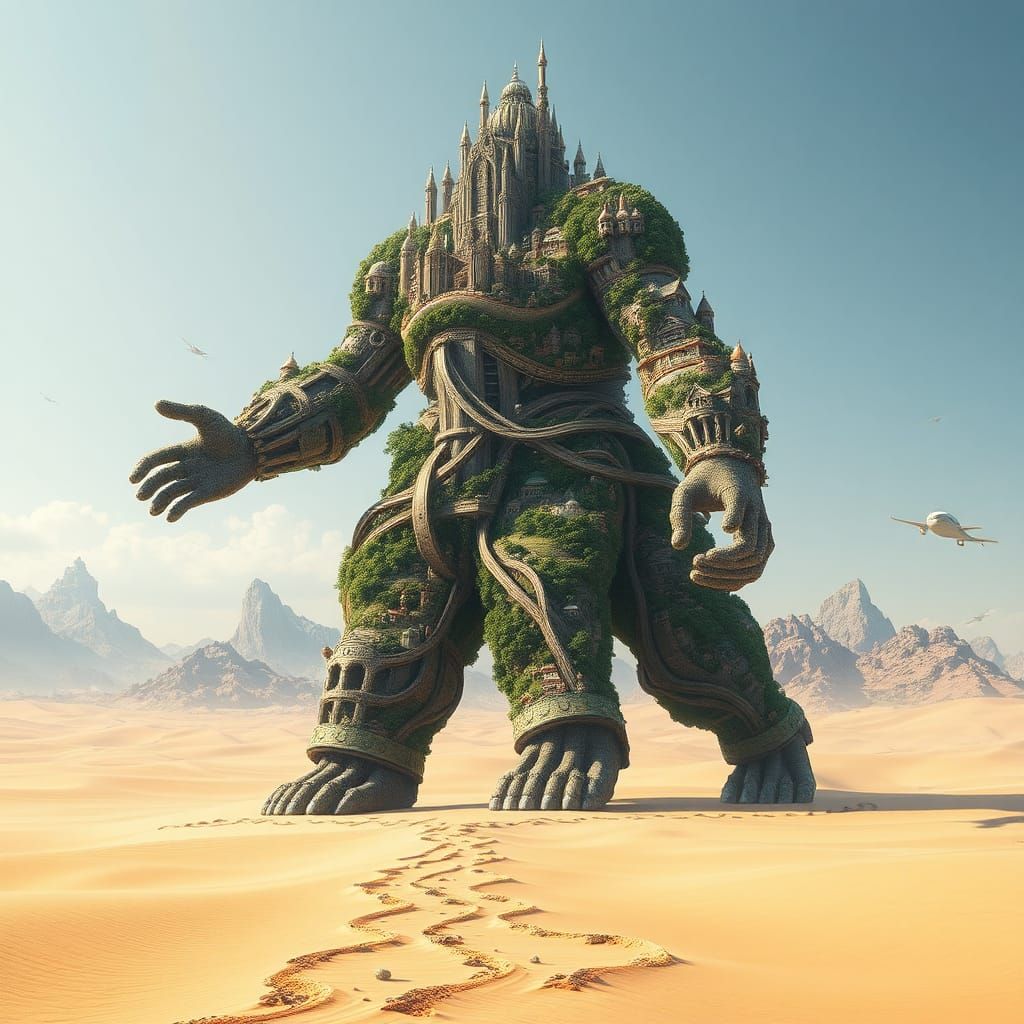 A gargantuan, humanoid deity, composed of sprawling metropolises, quaint villages, and serpentine roads, traverses a vas...