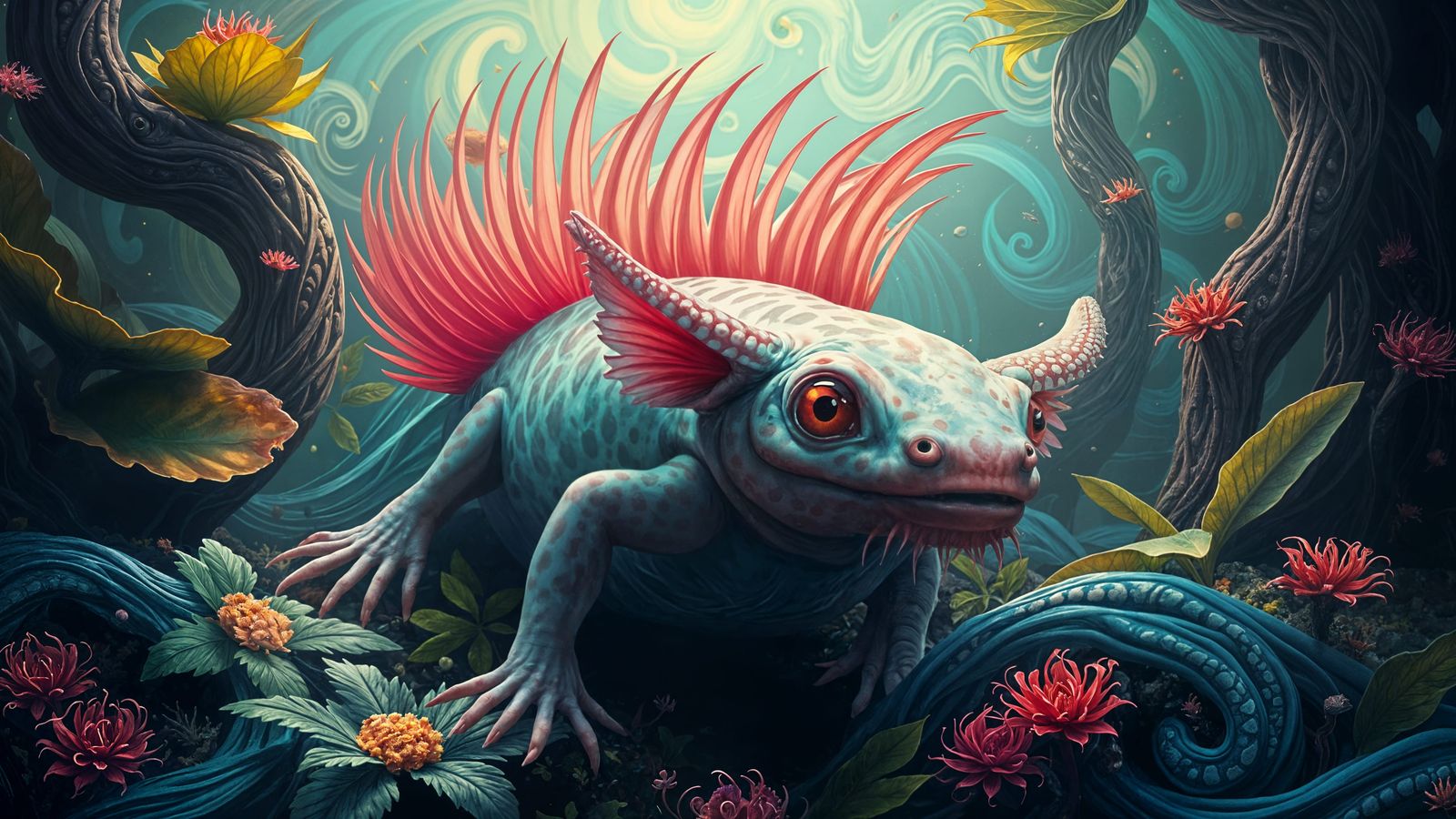 Axolotls in Vibrant Fantasy Landscapes