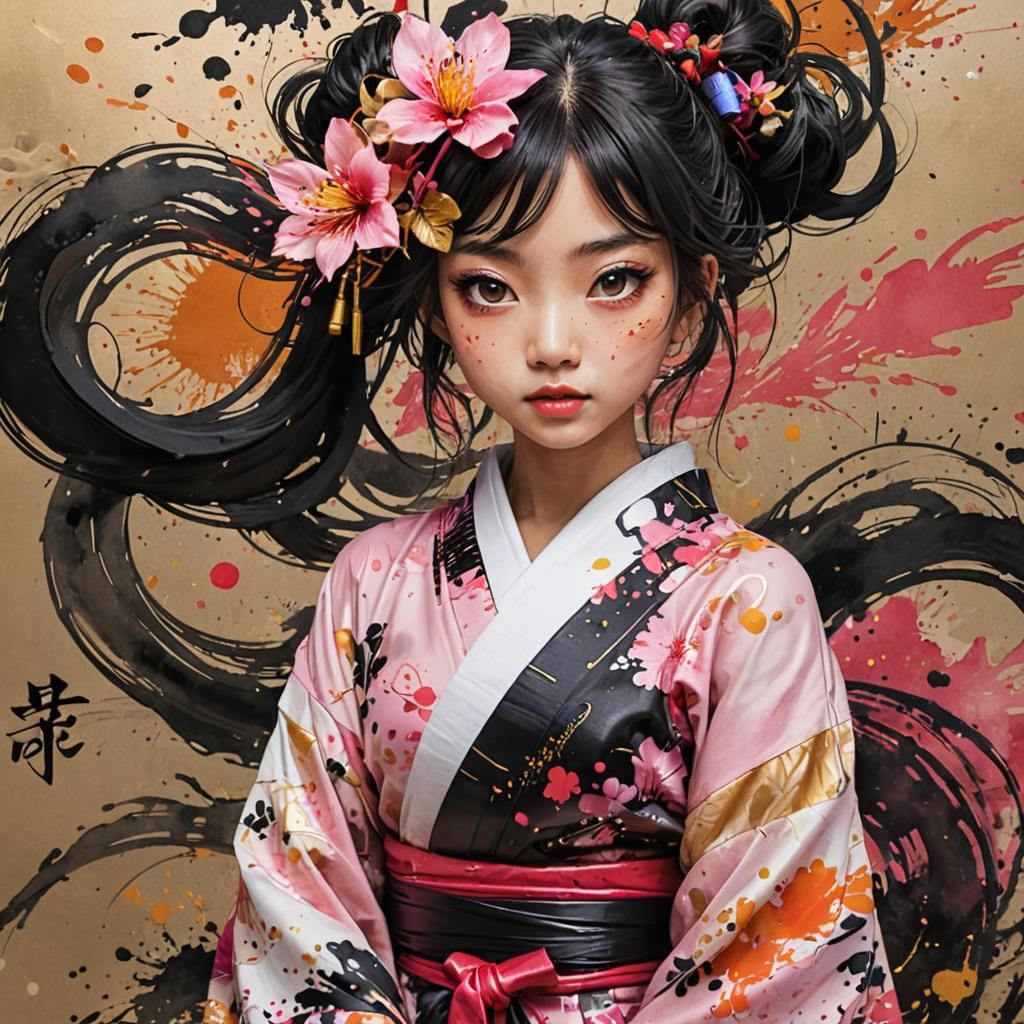 Japanese Girl in Kimono: Ink Splatter Art