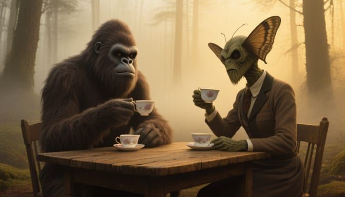 Bigfoot and Mothman Have Tea in Misty Woods