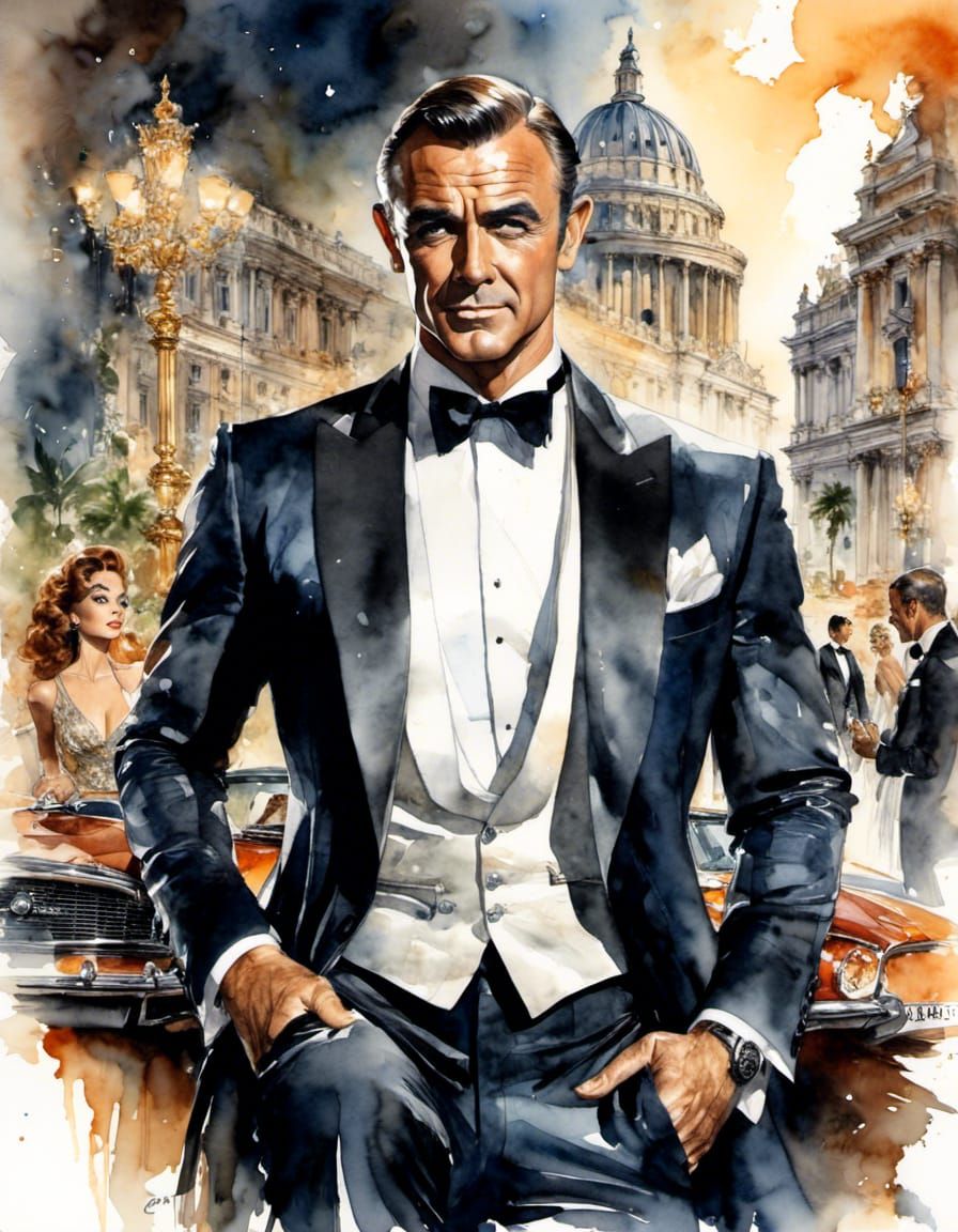 Sean Connery as James Bond in Watercolor Style
