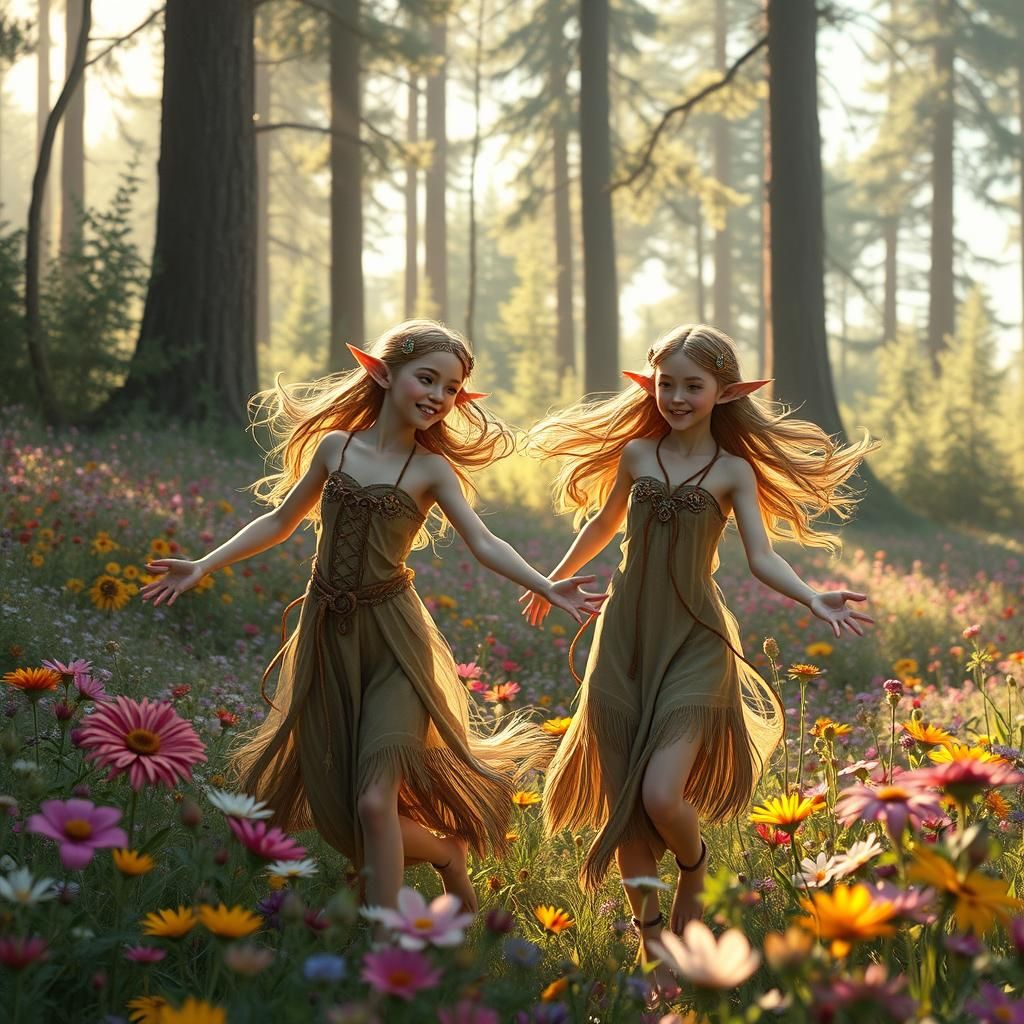 Elves Dancing in Forest Meadow, Matte Painting Style