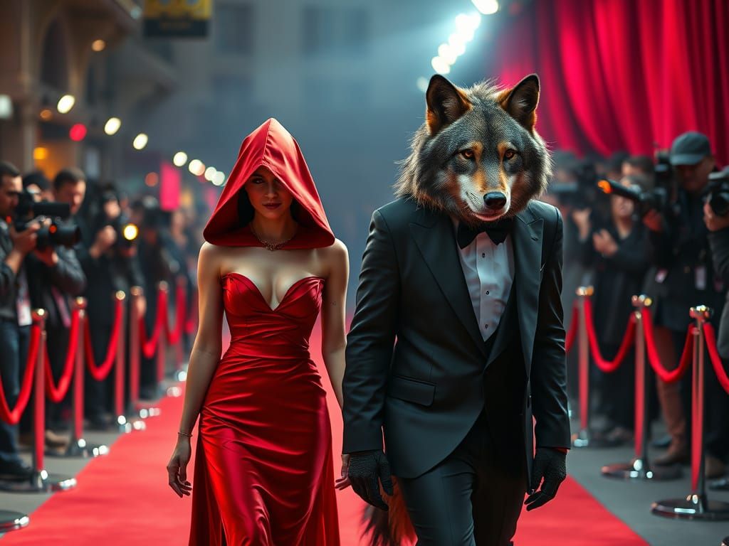 Elegant Woman Walks Red Carpet with Fierce Wolf at Movie Pre...
