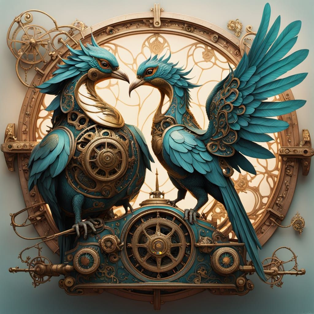 Mechanical Exotic Birds in Golden Filigree Heart