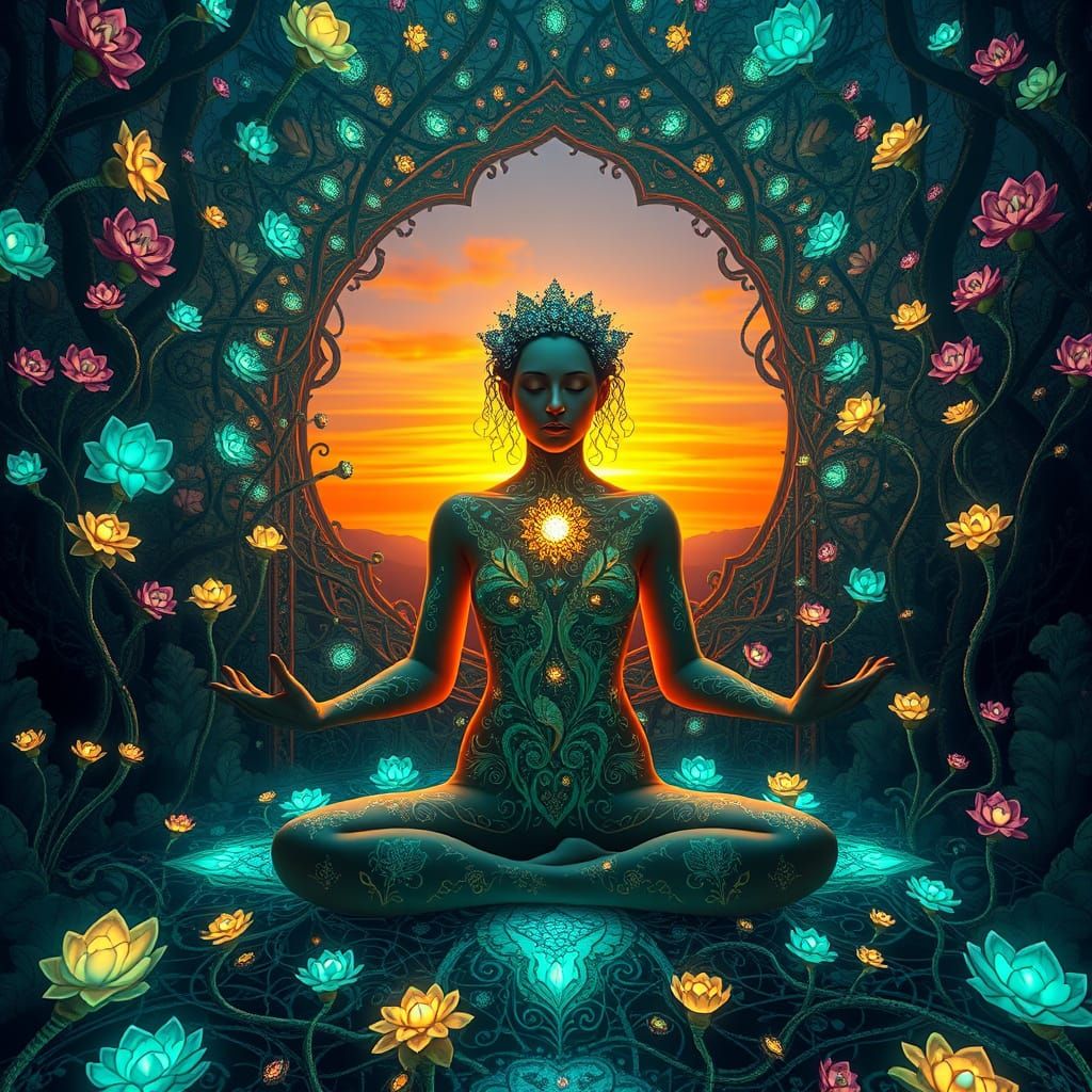 Ethereal Mystical Woman Meditating Amidst Vibrant Fantasy La...