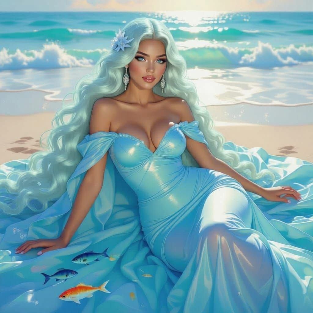 Majestic Water Goddess with Waterfall Dress and Seafoam Hair