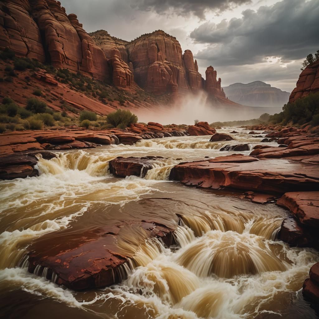 Epic Red Rock Floodscape with Turbulent Water