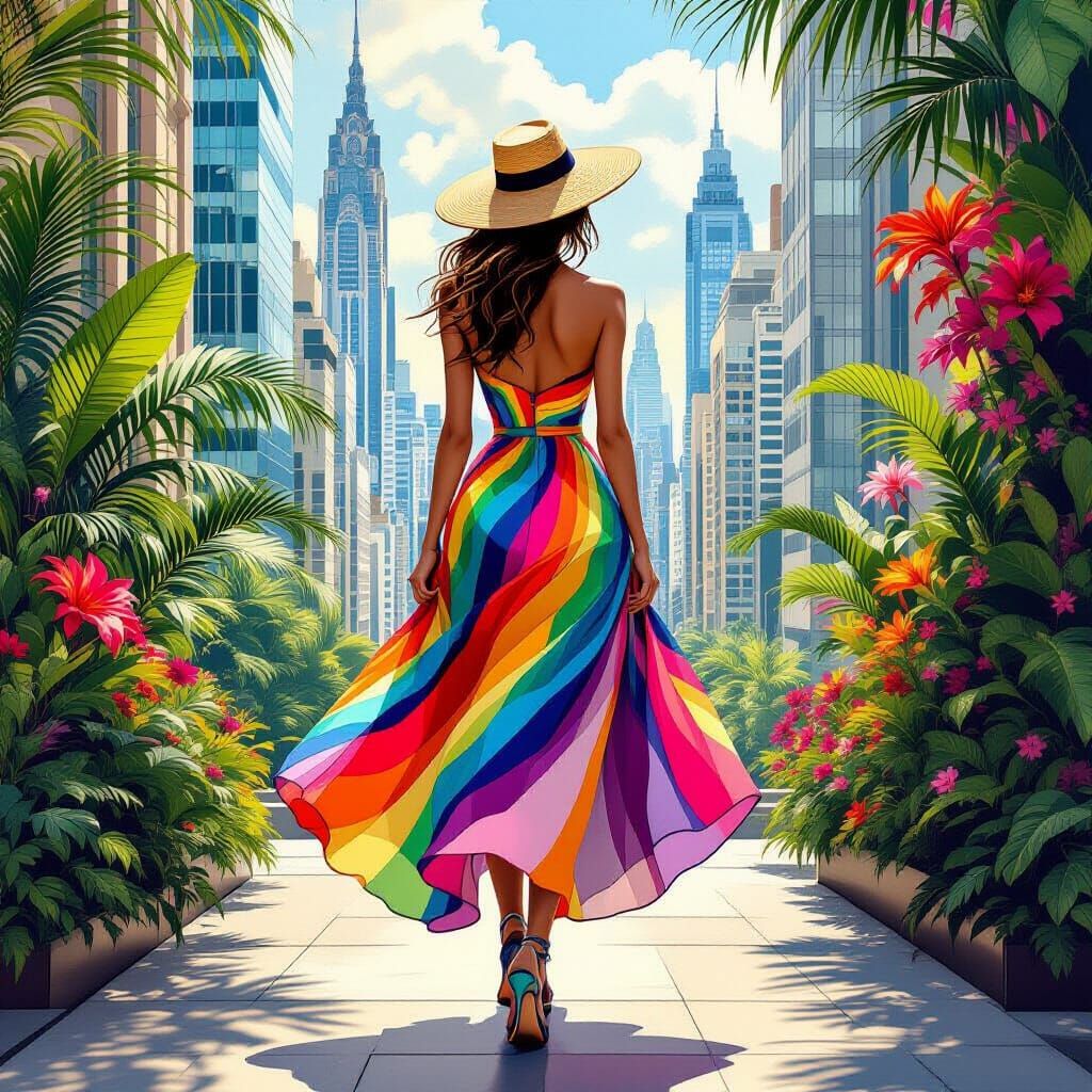 Rainbow Dress in Art Deco Cityscape