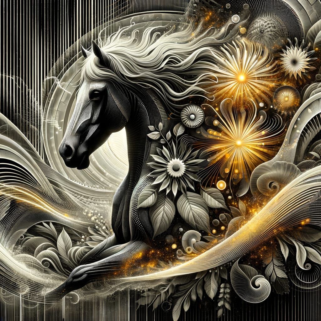 Monochrome Stallion with Golden Explosions in Fairy Tale Lan...