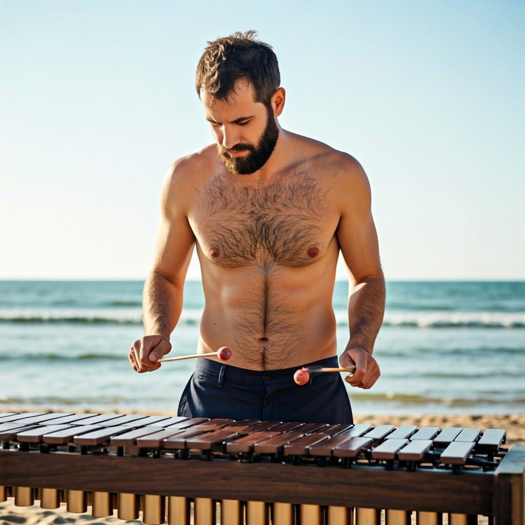 Bearded Musician Plays Xylophone on Summer Beach