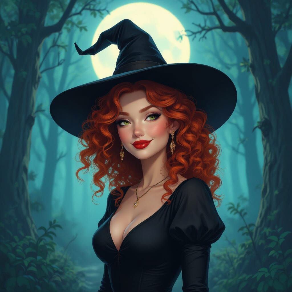 Red-Haired Witch in Forest Under Full Moon