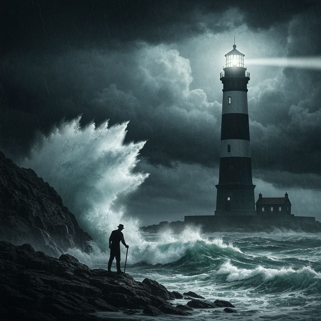 Bioluminescent Lighthouse Keeper in Stormy Seas