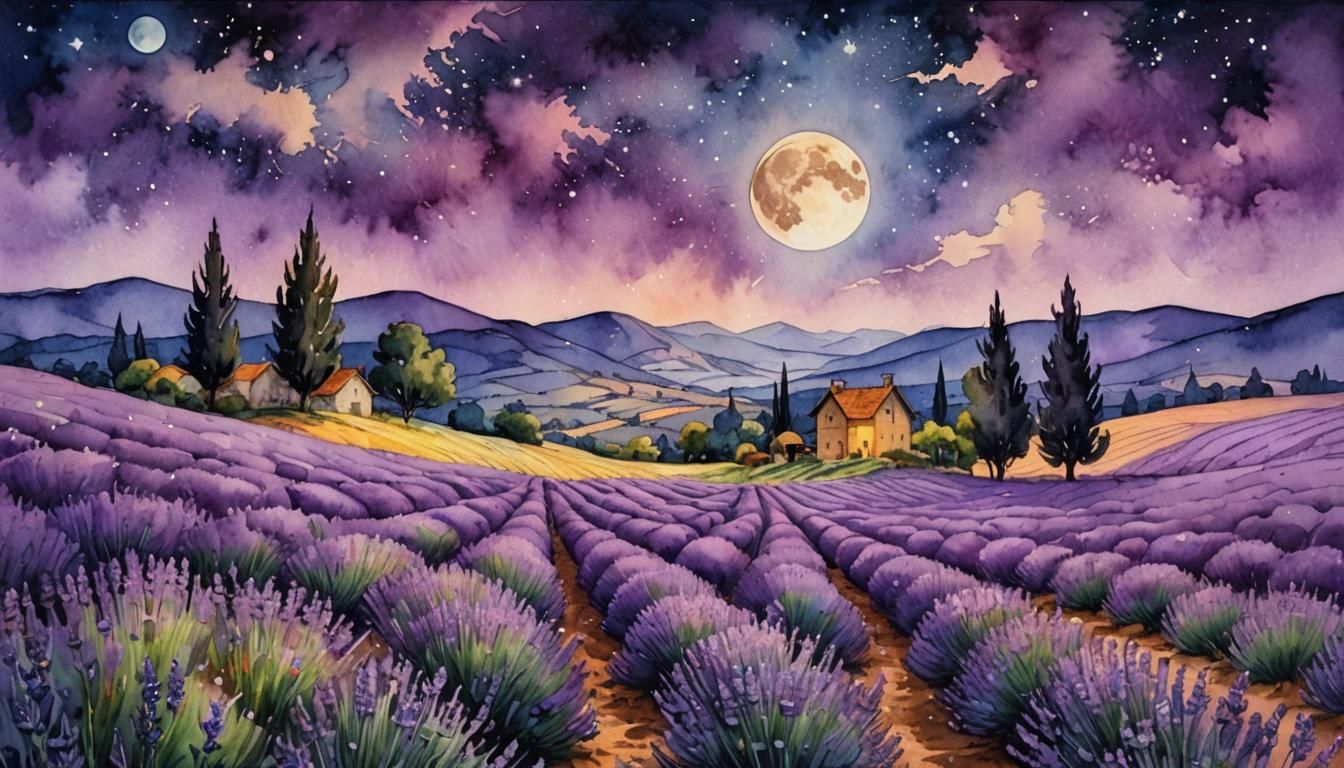 Lavender Fields at Night: Watercolour Alcohol Ink Art