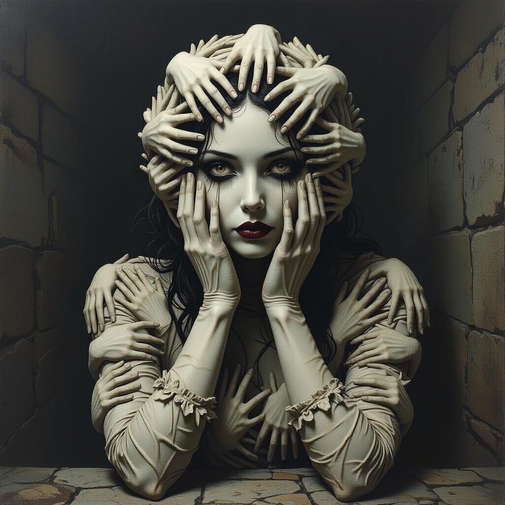 Creepy Woman of Hands in Dark Horror Style