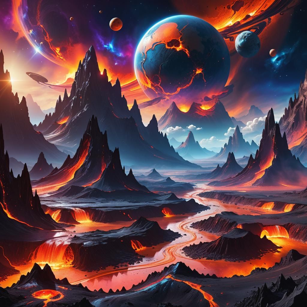 Alien Planet with Lava Rivers, Digital Matte Painting