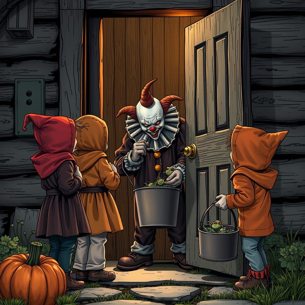 Kids Trick-or-Treating Encounter Clown, Comic Book Style