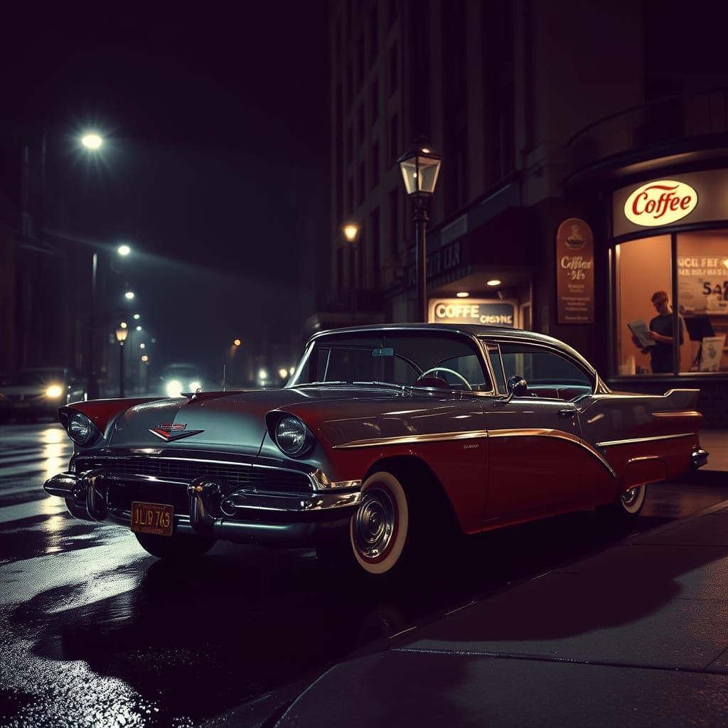 Vintage 1950s Car on Rainy Midnight Street