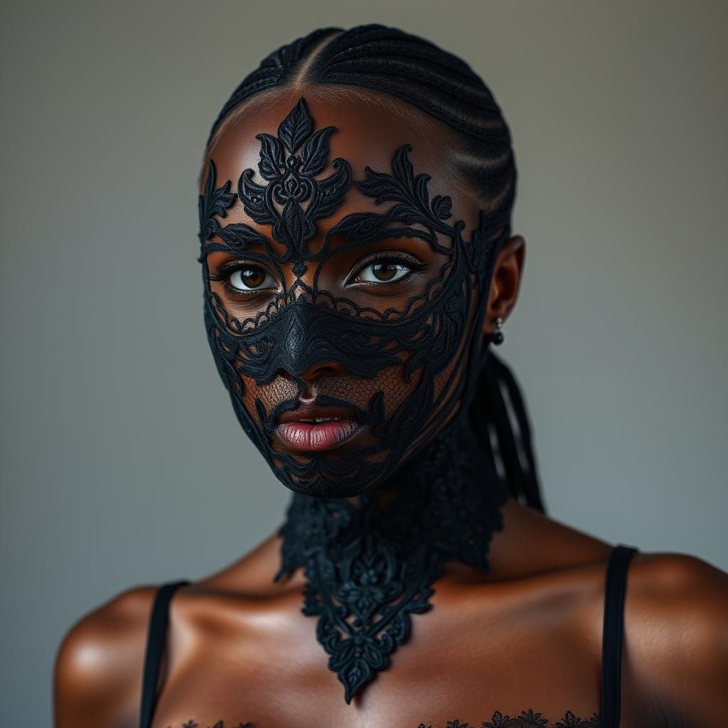 Intricate Lace Mask on Dark Skinned Woman