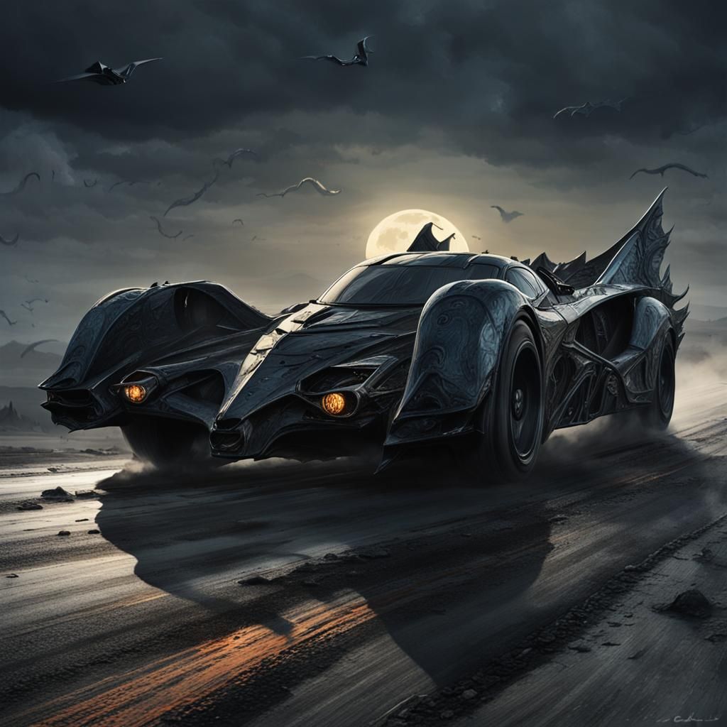 Batmobile-Inspired Supercars Race in Dark Gothic Futurism