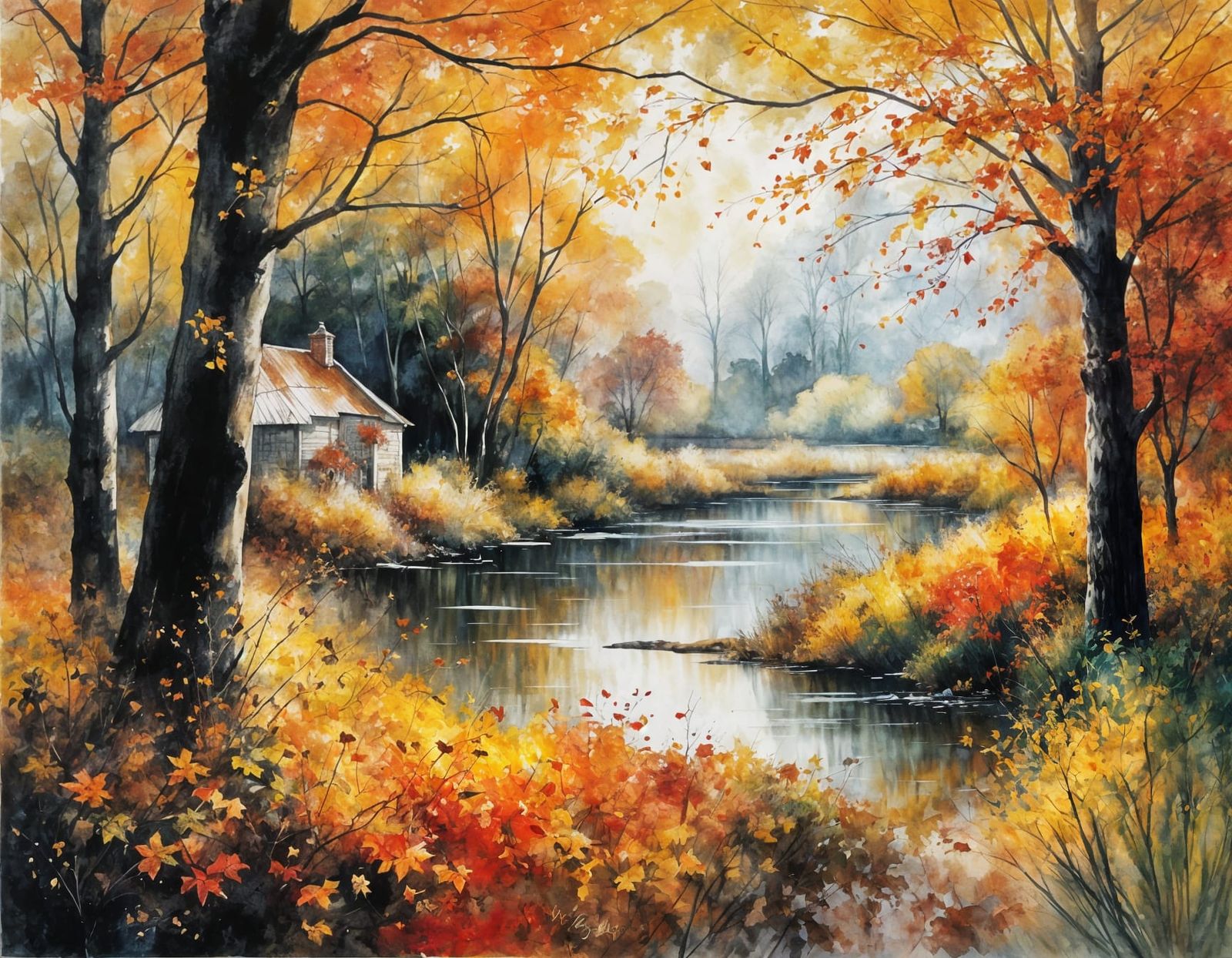 Autumn Landscape Illustration in Watercolor Style