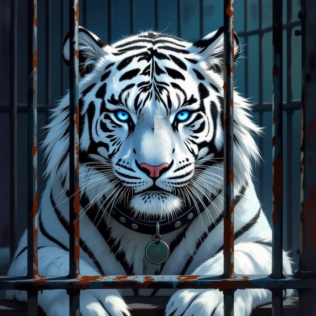 White Tiger in Cage, Dramatic Fantasy Art