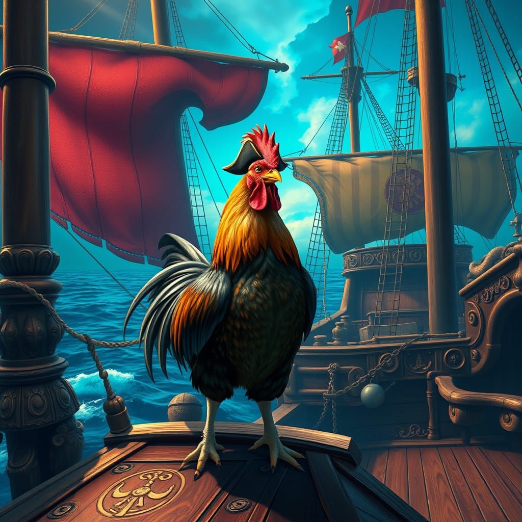 Pirate Chicken Captain on a Pirate Ship