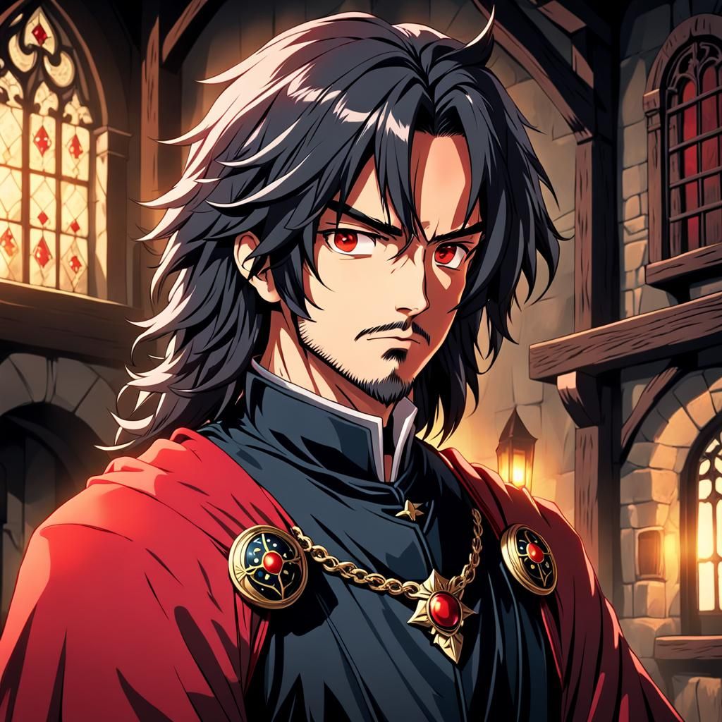 Medieval Noble Sorcerer with Red Eyes, Anime Style
